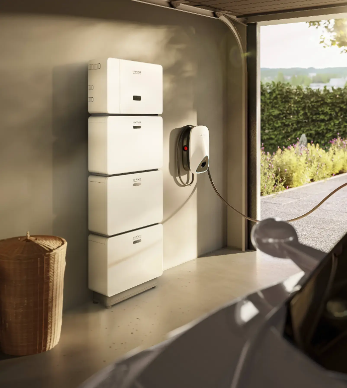 Thuisbatterij-installatie met laadpunt auto in garage